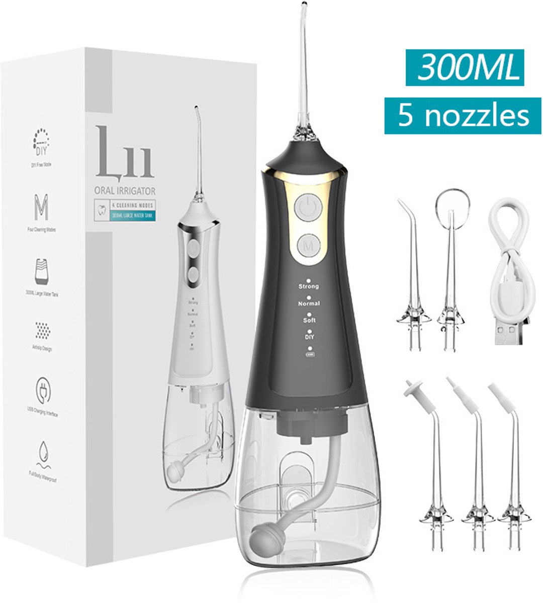 Elektrische waterflosser, draagbare tandflosser voor mondreiniging (L11 zwart)