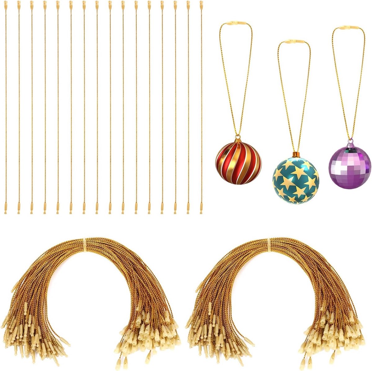 200 Stuks Kerstdecoratie Hanger Touw met Snap Lock, Perfect voor Kerstboom en Feestversiering in Goud