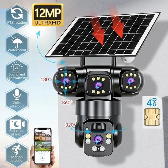 Solar Beveiligingscamera Buiten - 1080p 2MP WiFi Camera met 3 Lenzen - 360° PTZ - 10x Zoom - Kleur Nachtzicht - IP66 Waterdicht - Bewegingsdetectie & Tracking - Tweeweg Audio - Zonnepaneel — afbeelding 3