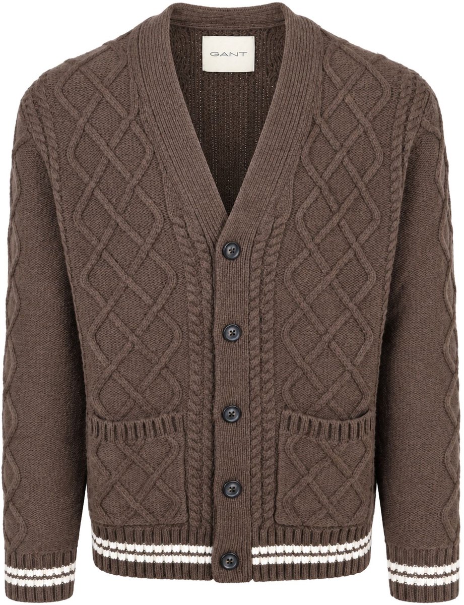 Gant Cardigan Cable Knit Lamswol Bruin - Maat L - Heren