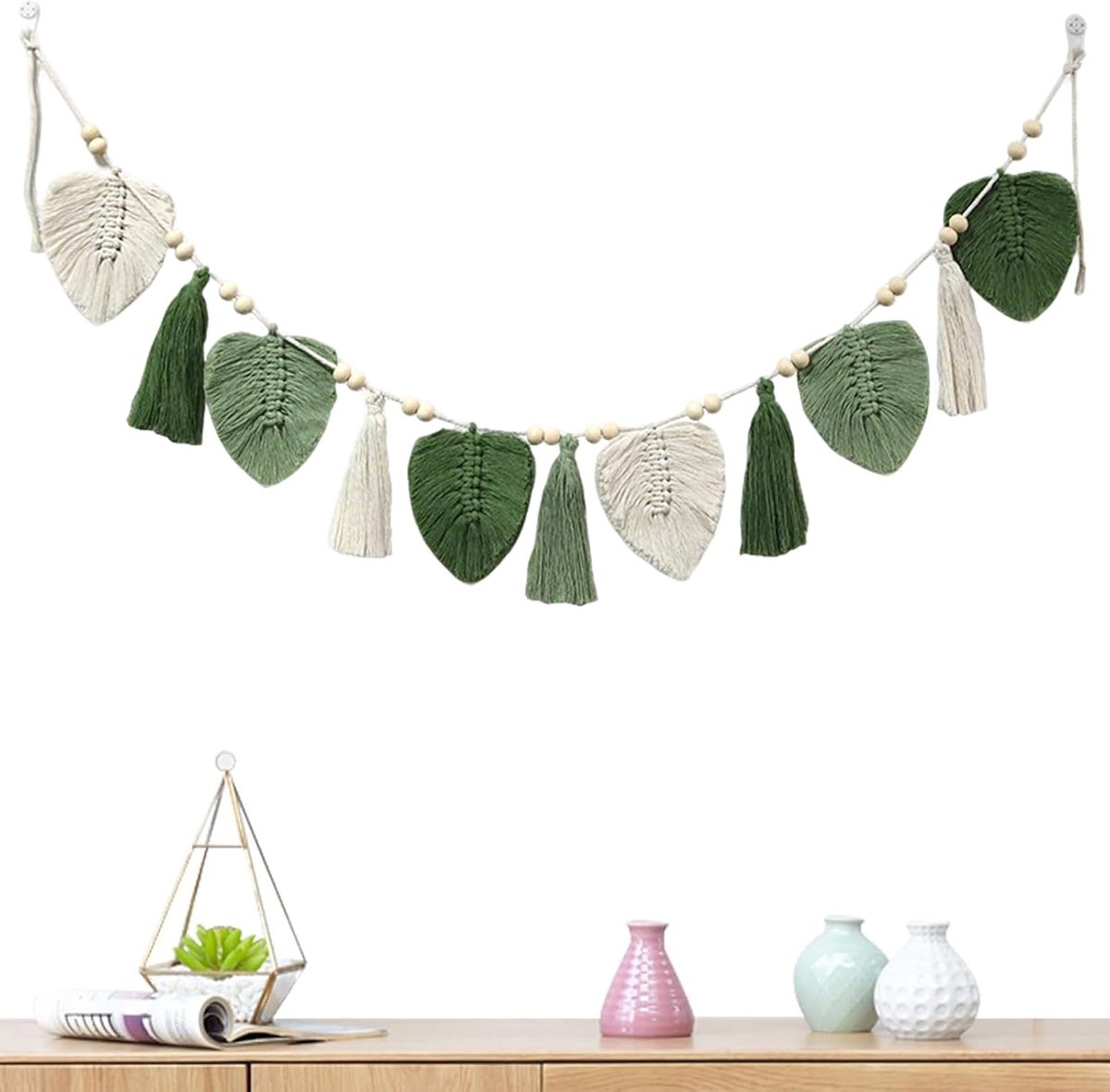 Geweven bladeren wandtapijt met franjes, slinger, bladvormig wandkleed van katoen met houten kralen, boho decoratieve macramé wandbehang, voor slaapkamer, woonkamer, kinderkamer (groen)