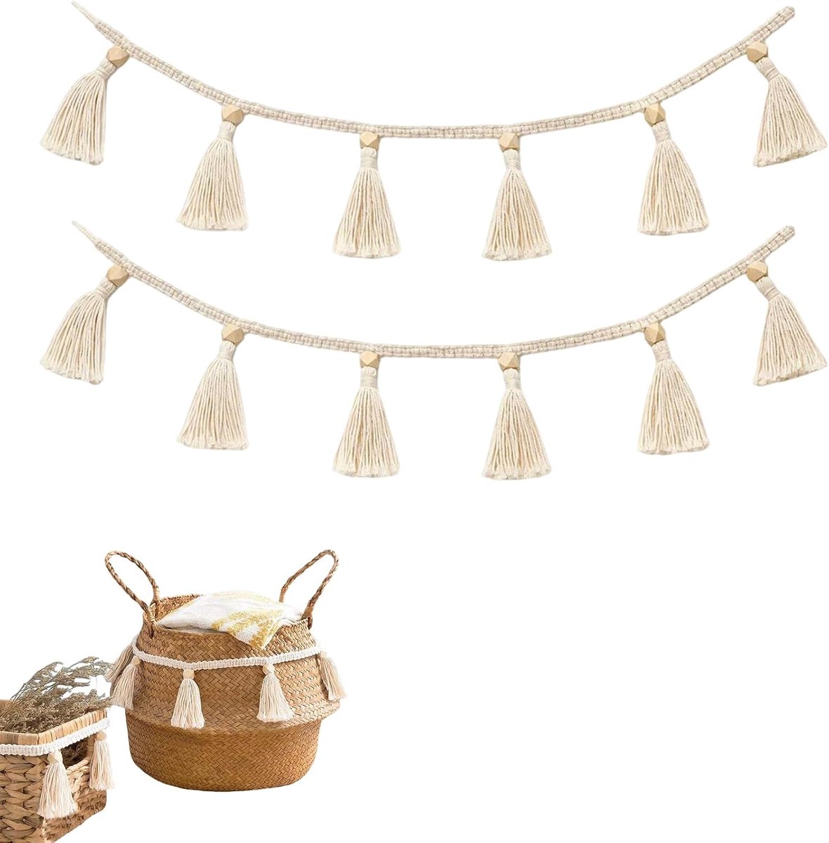2 stuks boho-kwastenslinger, kwastenslinger, boho wandbehang, houten kralen en katoenen touw, caravandecoratie, handgemaakt, voor slaapzaal, woonkamer, slaapkamer, feest, hangdecoratie (wit)