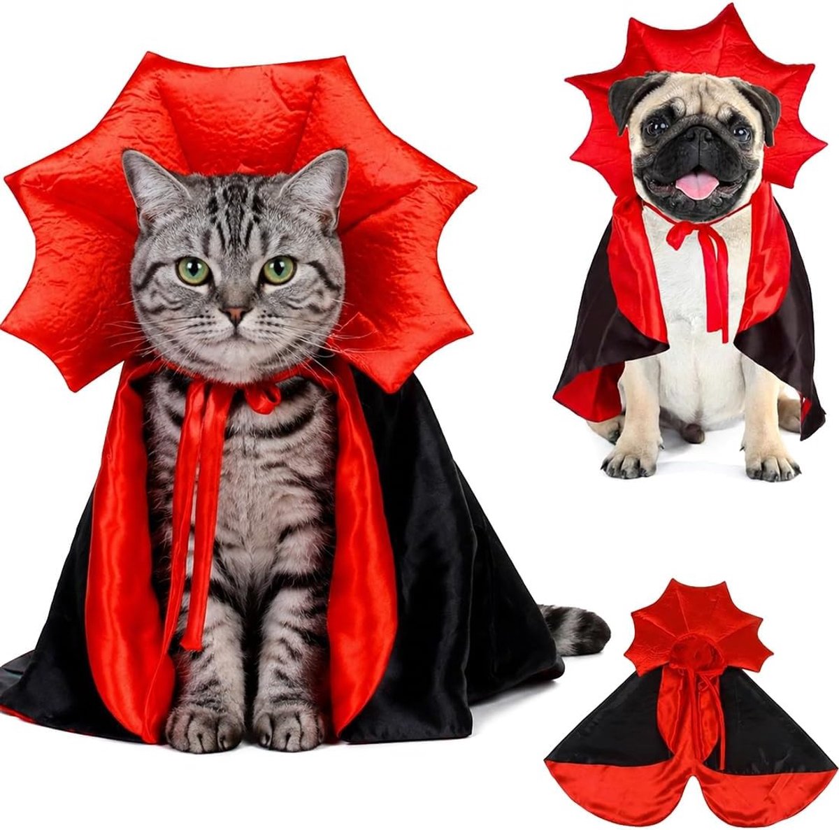 Vampiercape voor huisdieren, 50cm verstelbaar rood-zwart kostuum voor middelgrote honden (beagle, shiba inu, Franse bulldog) en kat – eng outfit