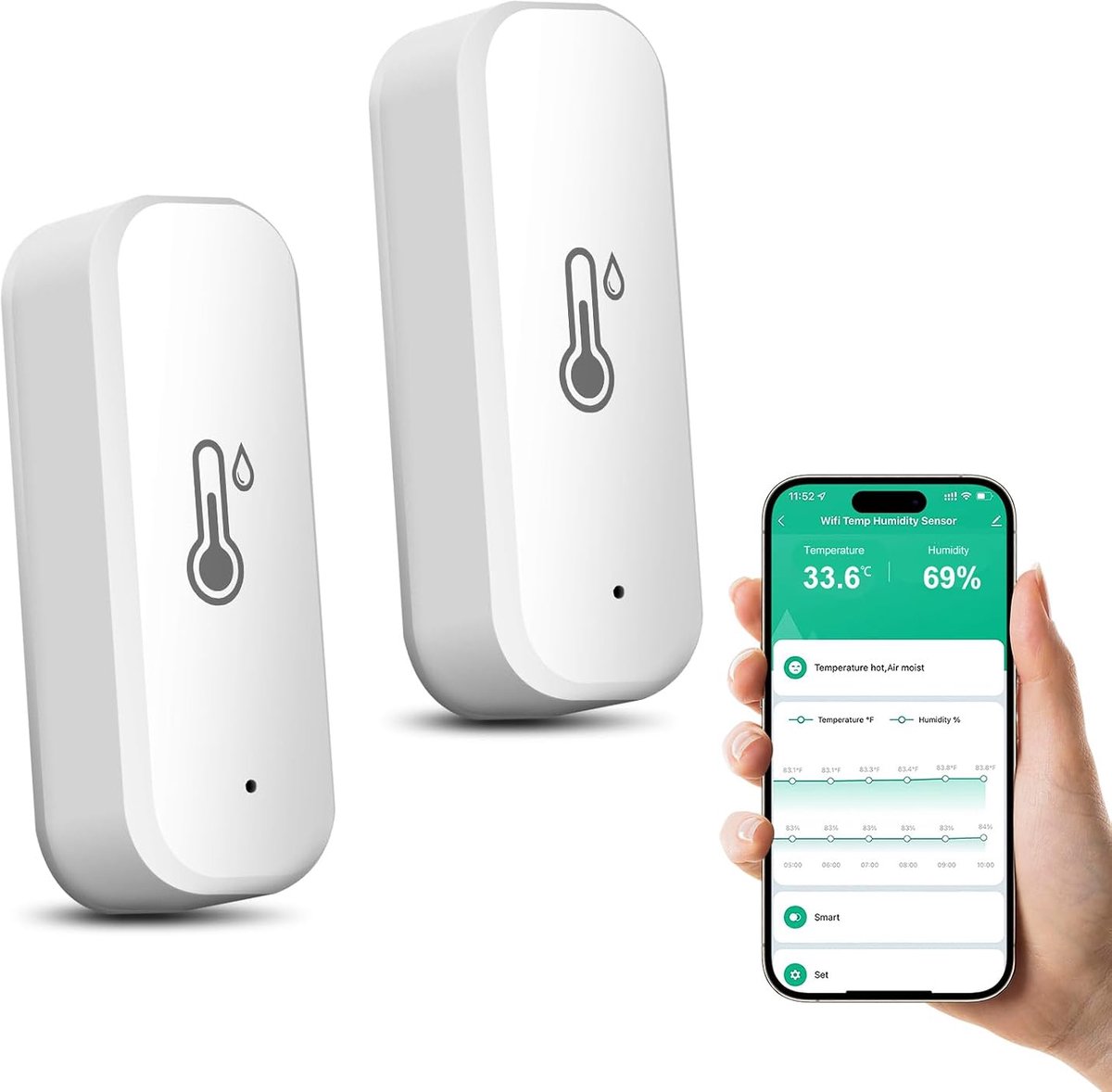 2 stuks wifi-thermometers, hygrometer, wifi-luchtvochtigheidsmeter met Tuya/Smart Life app, mini-thermometer binnen - ShopVlot