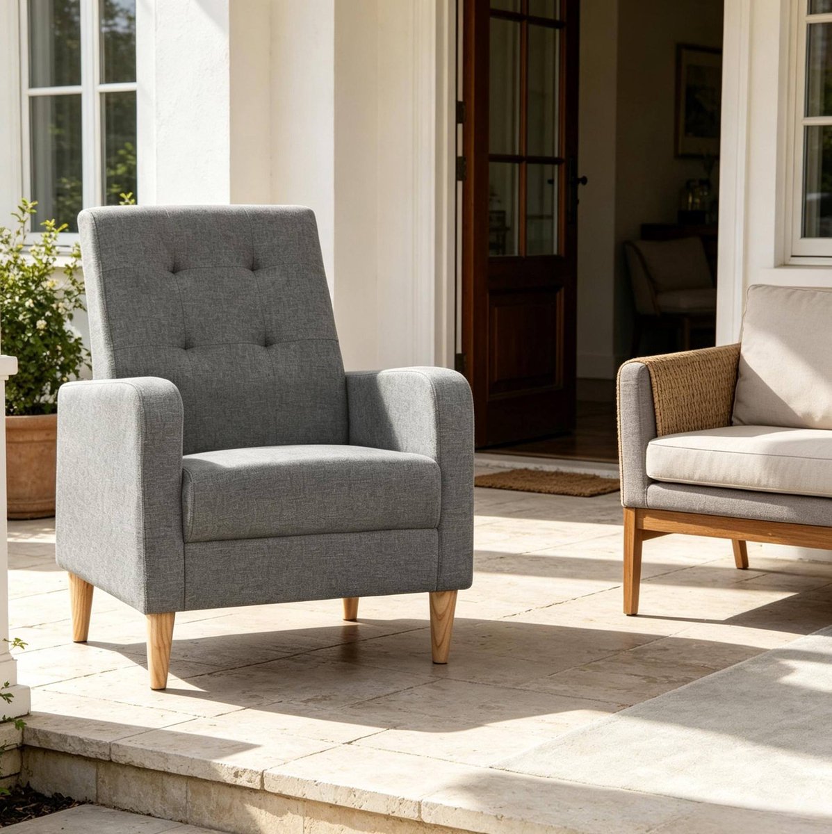 REDOM Fauteuil - Hoge licht achteroverhellende rugleuning - Gecapitonneerde rugleuning en armleuningen - Linnen bekleding - Houten poten - Grijs - 61 x 54 x 90,5 cm Donkergrijs