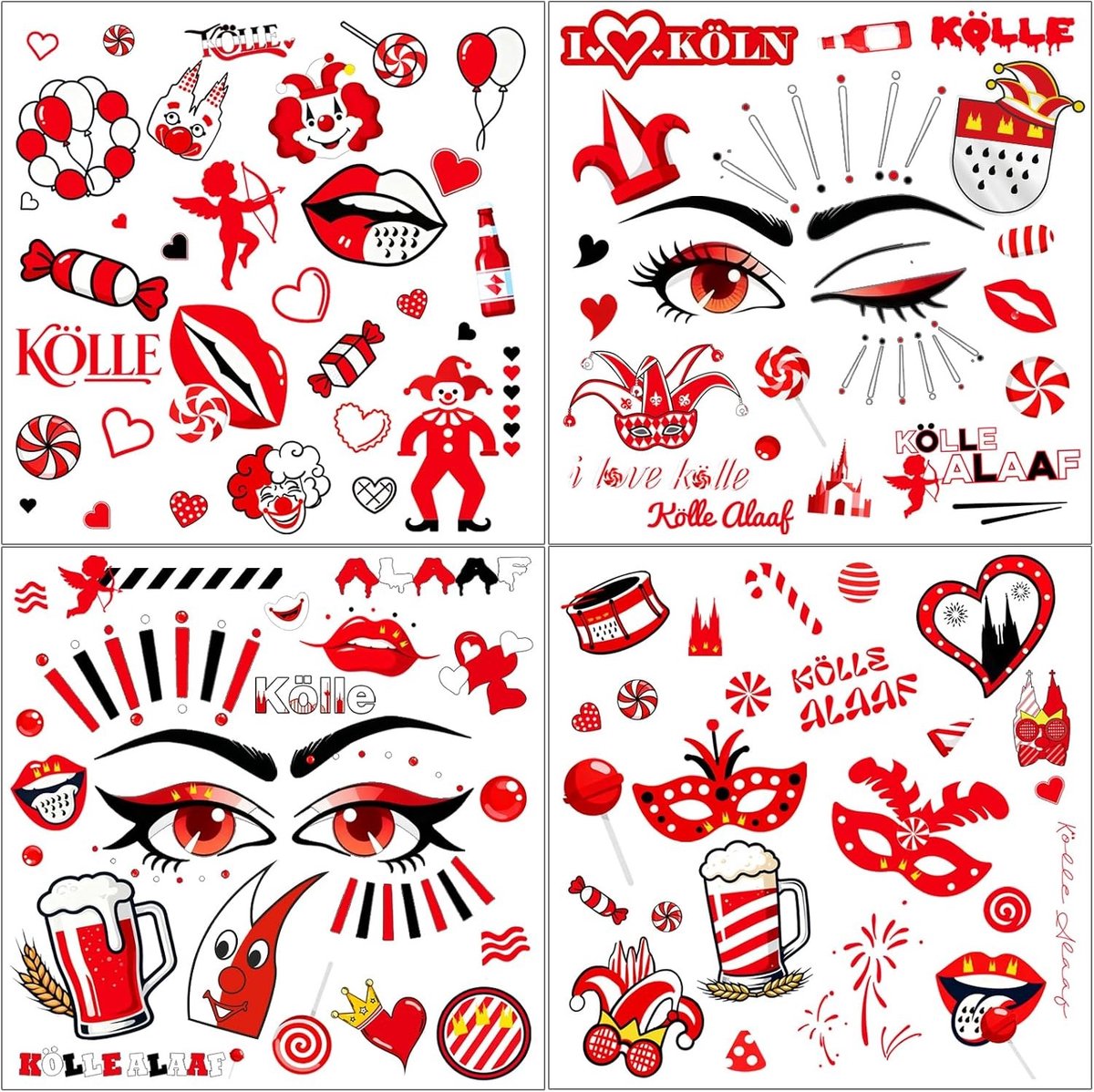 Tijdelijke gezichtstatoeages voor carnaval, 4 vellen met kleurrijke ontwerpen, perfect voor kostuums en feestelijke gelegenheden, rood en wit