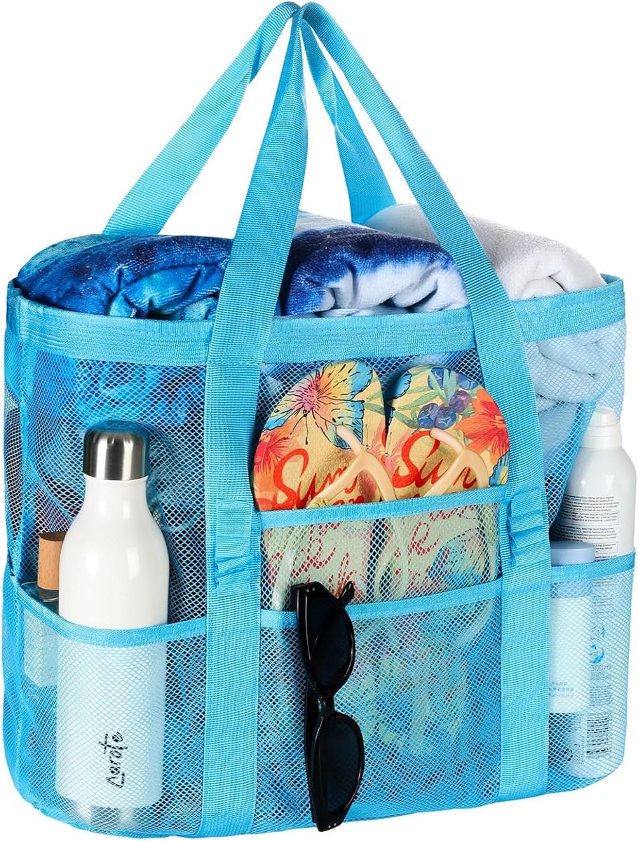 SnelShoppen - XXL Strandtas Dames - Grote Strandtas met 8 Compartimenten - Ideaal voor Strand, Vakantie en Boodschappen - Blauw Netmateriaal