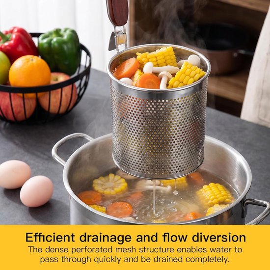 SnelShoppen - Pack van 2 Pasta Mandjes, Microperforated Colander, RVS, 14 cm + 12 cm, Pasta Strainer met Houten Handvat voor Pasta, Groenten, Dumpling van Snelshoppen — afbeelding 3