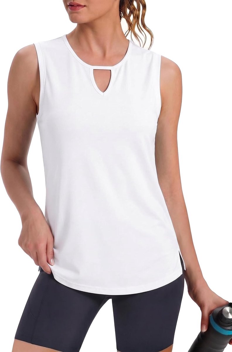 Sporttop voor dames, tanktop, zomer, mouwloos sportshirt, fitnesstop, loopshirt, wandelshirt, ademend, yoga-shirt met mesh-inzetstuk, sneldrogend, S-XXL, wit, S