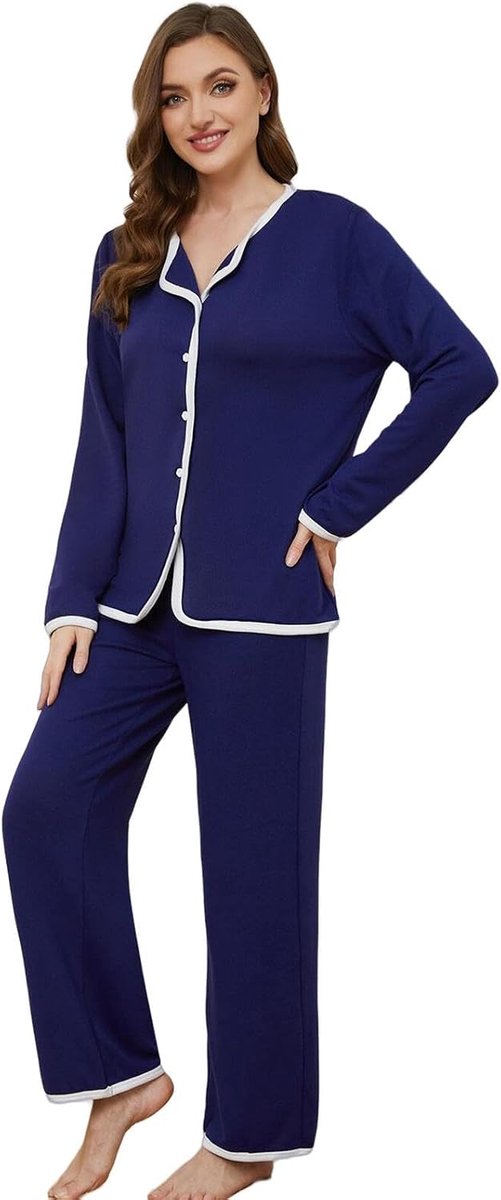 Pajama Set Women'S Dark Blue Cardigan Long Sleeve Pajamas, Autumn And Winter Casual And Comfortable Pajamas Loungewear-A-S
