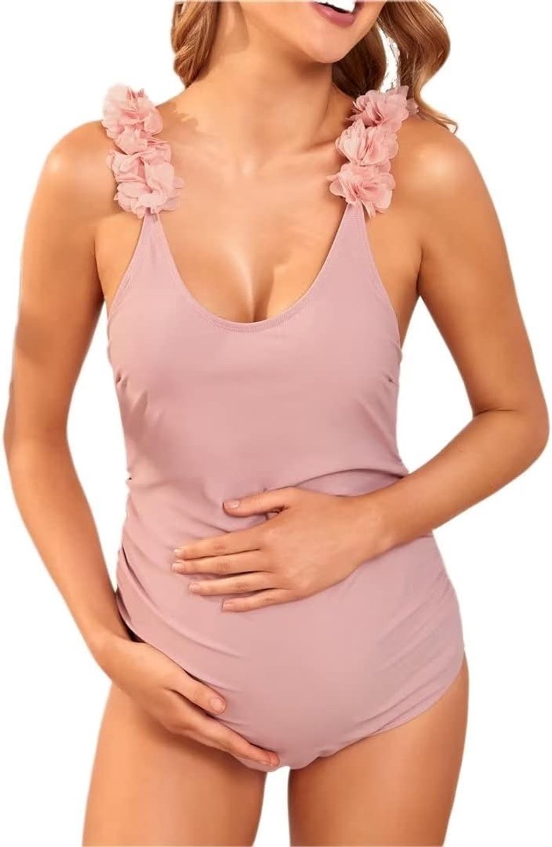 Applique Bandjes Roze Eendelig Badpak voor Zwangere Vrouwen Comfty Zwangere Badmode, roze, L