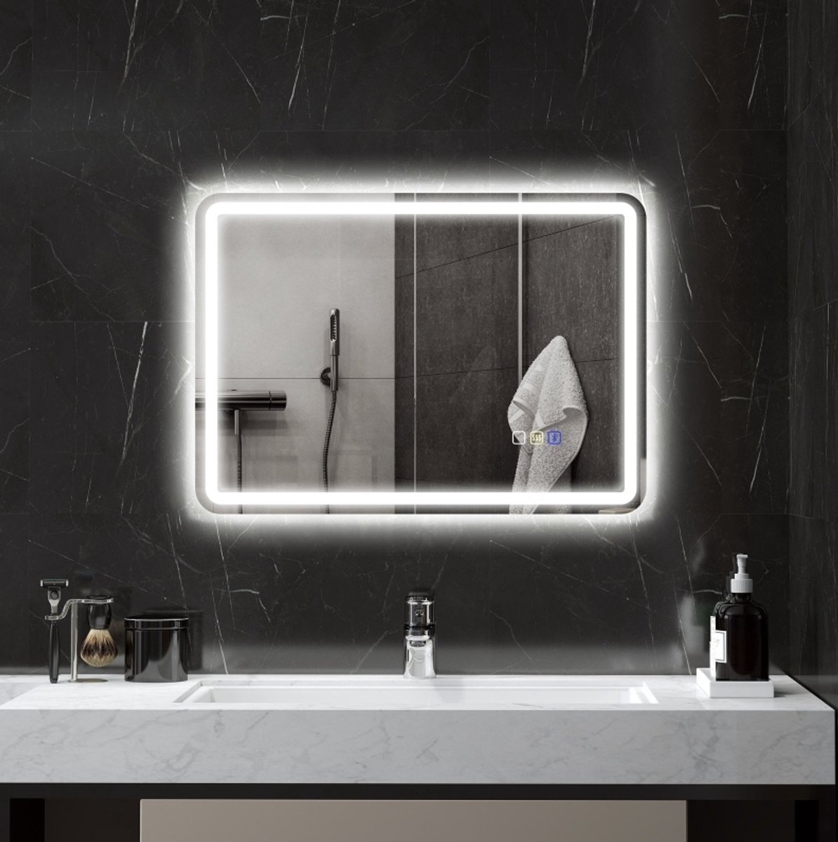 MIVRAY Badspiegel – LED Verlichting – 70 x 50 x 3,5 cm – Glas – Zilverkleurig – Bluetooth Muziek – Touchbediening – Beschlagvrij – 3 Lichtkleuren