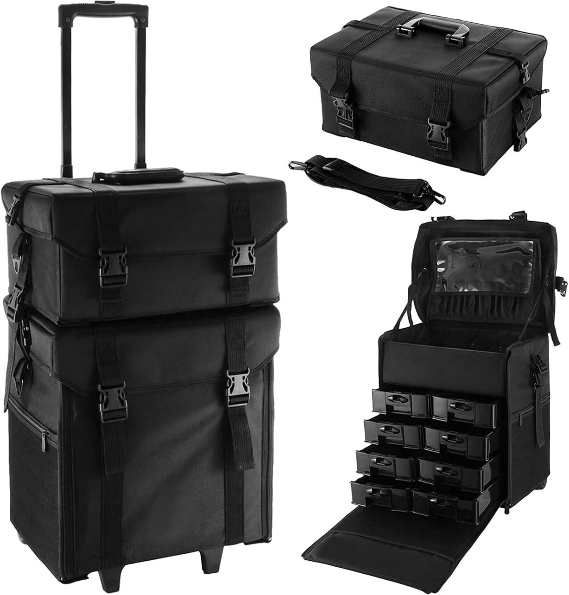 2-in-1 cosmeticakoffer, afneembare cosmeticakoffer, trolley met wielen en dissel, kapperskoffer met 8 laden, nagelkoffer, make-upkoffer voor kappers, maskerartiesten en manicure, zwart