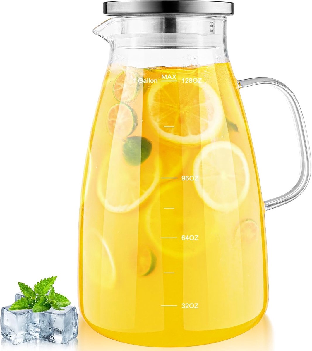 1 Gallon 120oz glazen kan, waterkruik met deksel en uitloop, glazen karaf voor warm/koude drank, waterkan voor ijsthee, koffie, sap, melk, drank (extra brede mond)