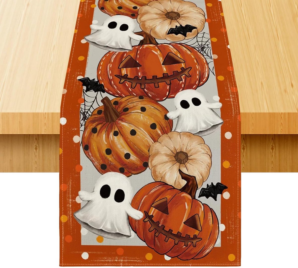 Tafelkleed 33 x 183 cm, Halloween Thema, Duurzaam Katoen-Linnen, Geschikt voor 6-8 Personen, Grappige Pompoenen en Geesten, Eenvoudig te Reinigen
