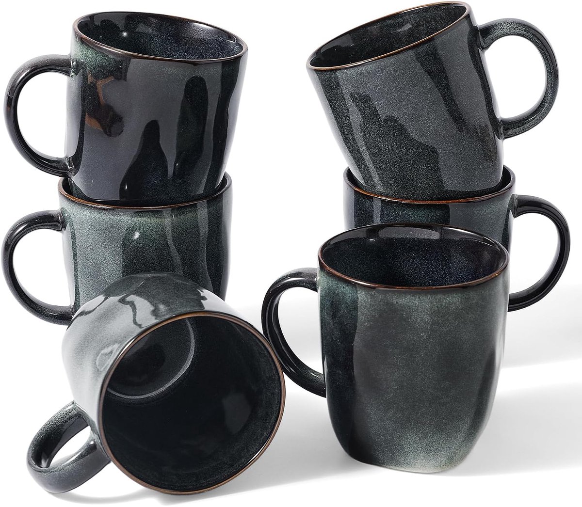 Ocean 6 keramieken koffiekopjes, 385 ml met handvat, donkergroen