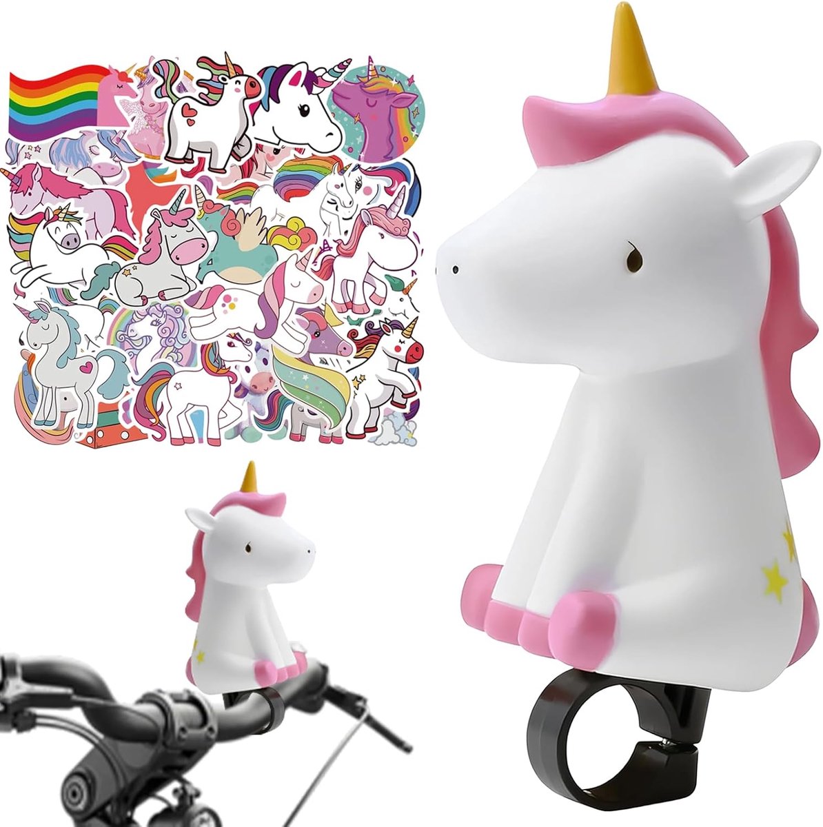 Fietsbel voor kinderen, eenhoorn, schattige kinderfiets, claxon, met stickers, voor stuurstangen met een diameter van 2,2 cm