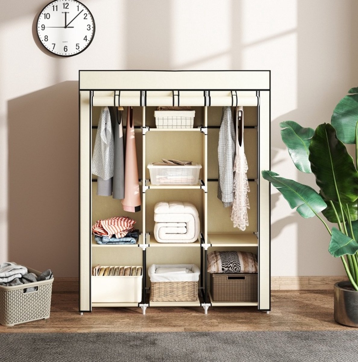 WUVRIE Stoffen kledingkast 125x43x162,5 cm - 2 kledingroedes en 8 legplanken - Crèmewit