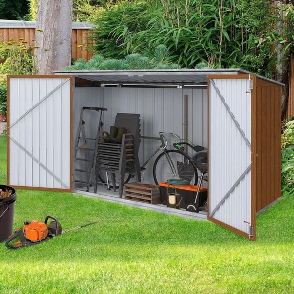 Metalen tuinhuis - Opbergunit voor schuur - Tuinspullen opbergen - Afsluitbaar - Houtlook - 210 x 105 cm - Bruin