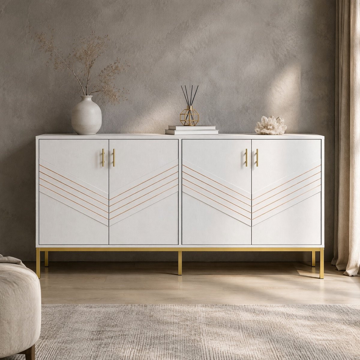 WUVRIE Dressoir 160x40x80,5 cm - 4 deuren en 2 verstelbare planken - Wit/goud