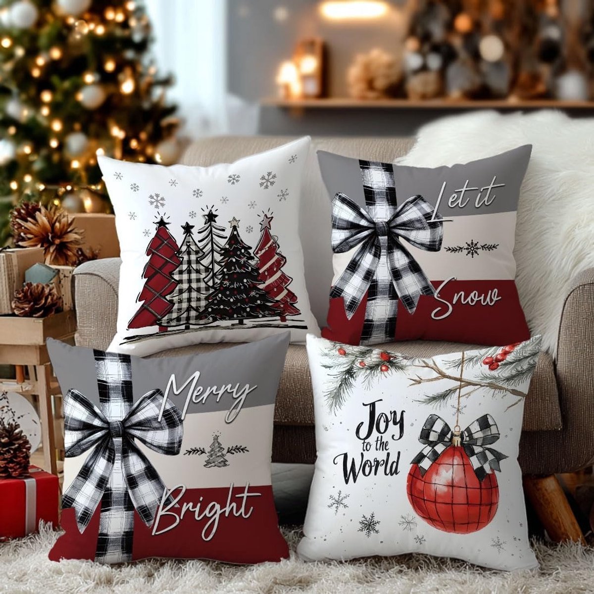 Kerstkussenhoezen, 4 stuks – 45 x 45 cm – Kersthoezen voor sierkussens – Geschikt voor bank, slaapkamer, huis en buiten