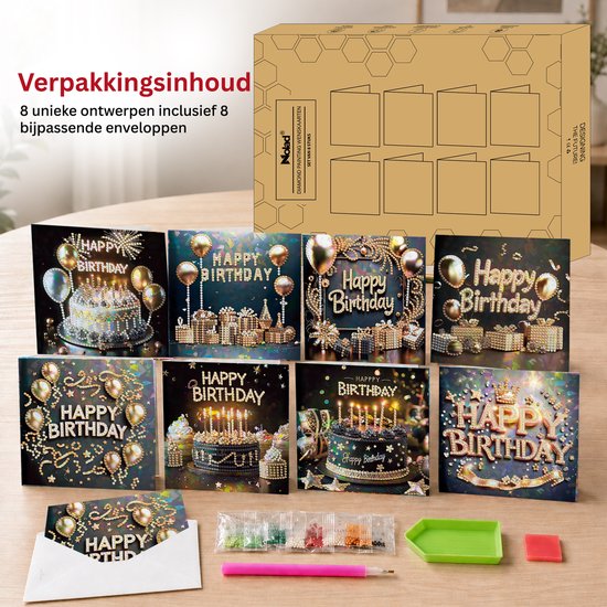 Inhoud van diamond painting kaartenpakket: 8 kaarten, enveloppen, diamanten, pen, bakje en wax.