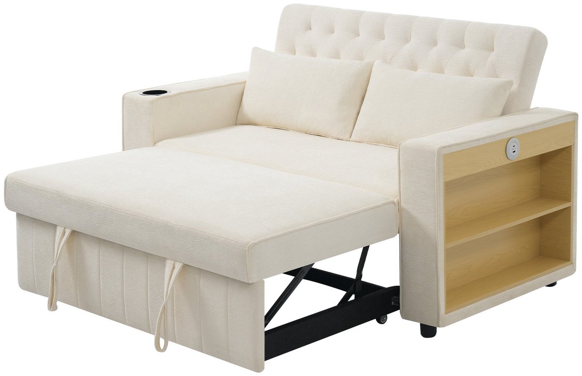 Merax Multifunctionele Slaapbank - Met Opbergruimte - Met Bekerhouder - Met Laadaansluiting - Met Boekenvak - 2-Zits - Chenille Bekleding - Beige
