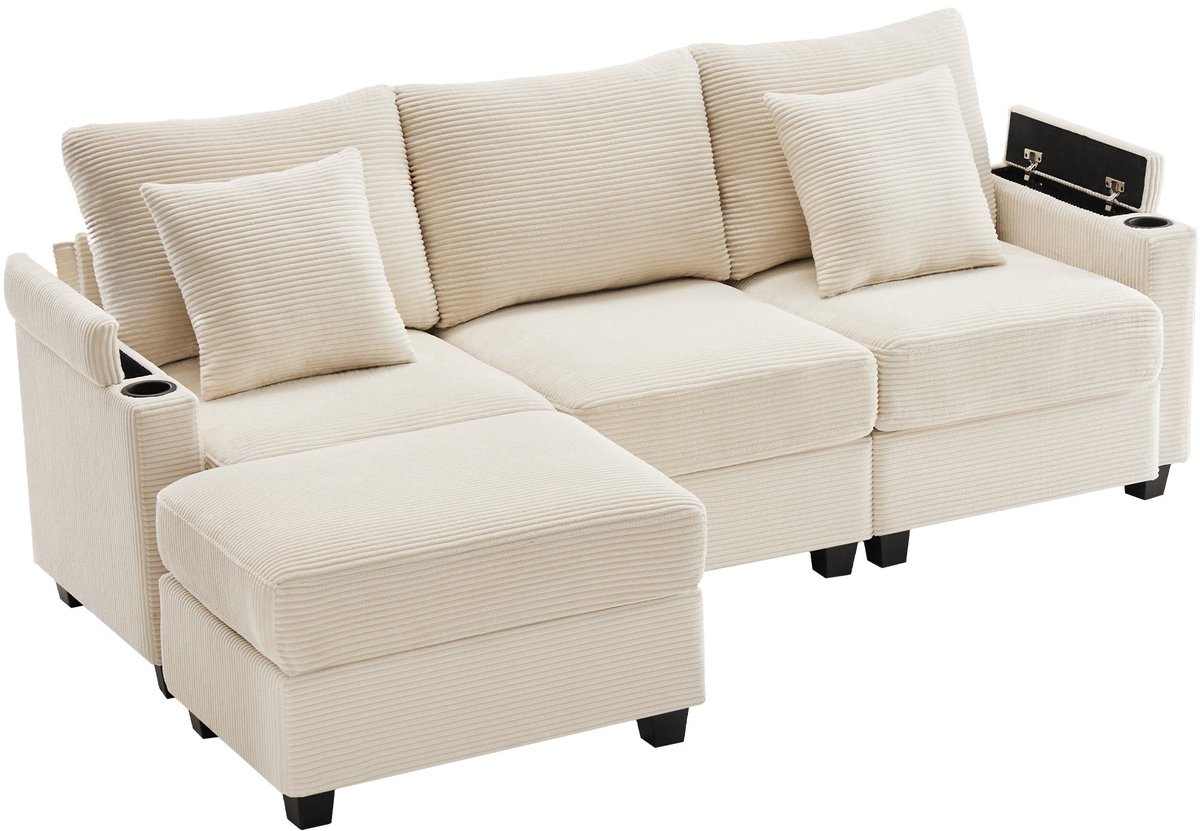 Merax L-Vormige Hoekbank Met Hocker En USB – 3/4-Zits Bankstel Met Opbergruimte - Bekerhouder En Telefoonhouder – Beige Ribstof – 213,5x139 Cm