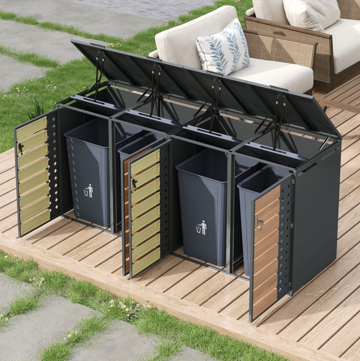 WUVRIE - Containerberging 132x80x118,5 cm - 4 afsluitbare deuren en hydraulisch klapdeksel - Grijs/houtlook