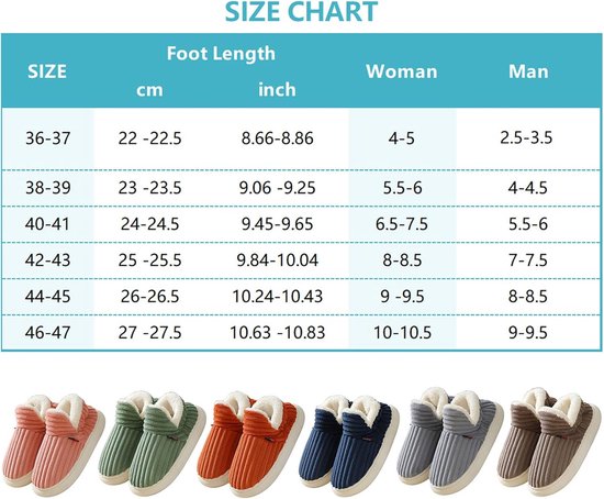Maattabel met voetlengte in cm en inch, en bijbehorende dames- en herenmaten voor verschillende kleuren sloffen.