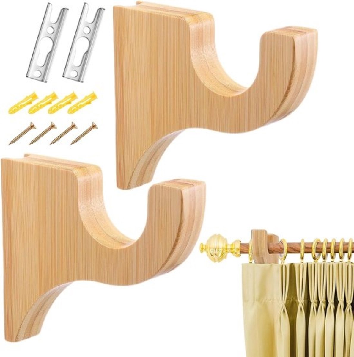 Haken voor gordijnroede - Houders en ophangers - Ruimte organiseren - Massief hout - 2 stuks - Houtkleur