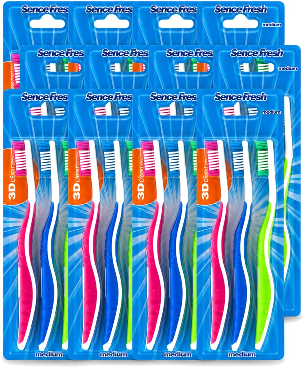 12 x Sence - Fresh 3D-Extra Clean - Tandenborstels - Medium - 3 Tandenborstels - Voordeelverpakking - 12 stuks
