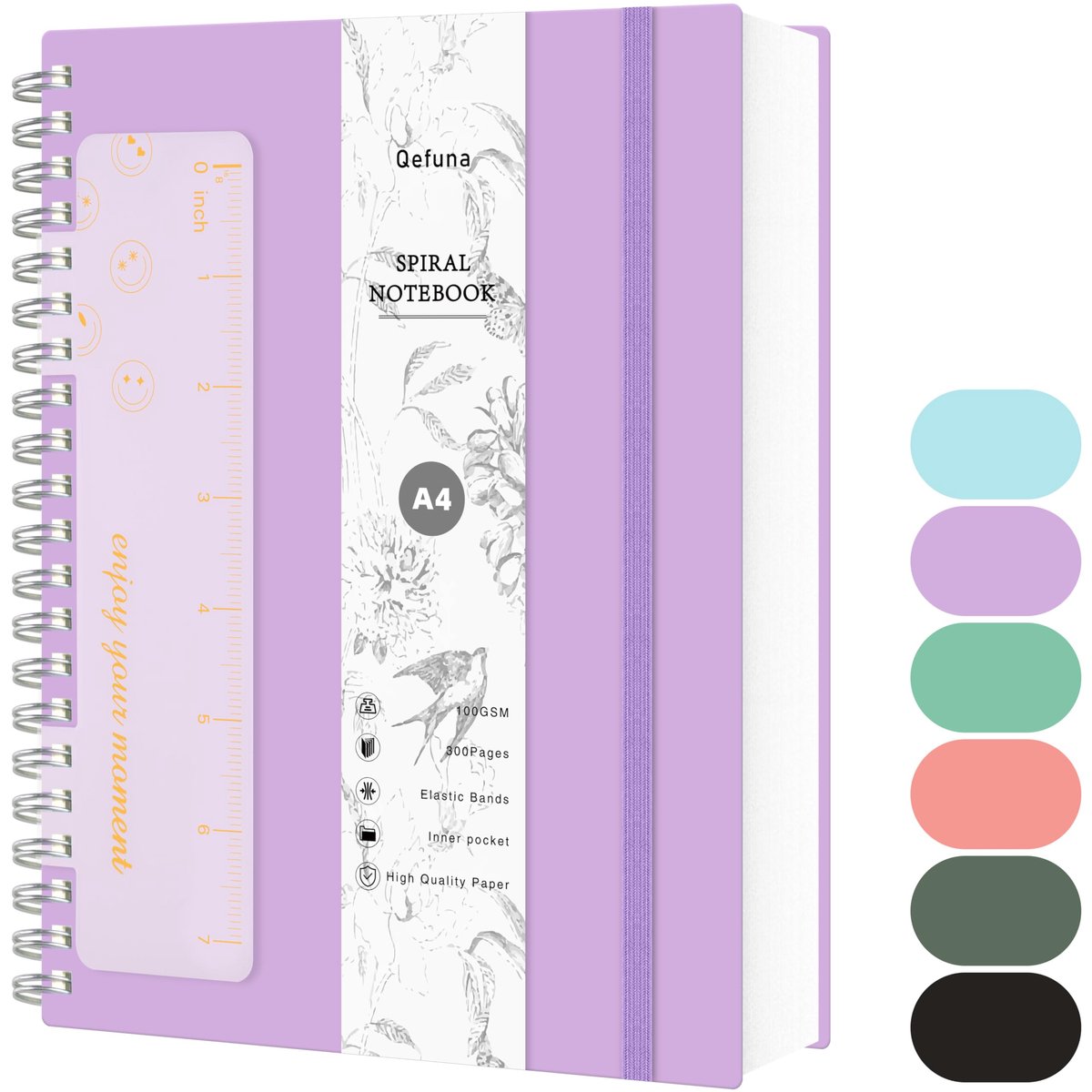 SnelShoppen - Qefuna A4 Notitieboek Gelinieerd Spiraalvormig 300 Pagina's 100 g/m² Inktvrij Papier PVC Harde Kaft Paars met Liniaal en Uitbreidbare Za
