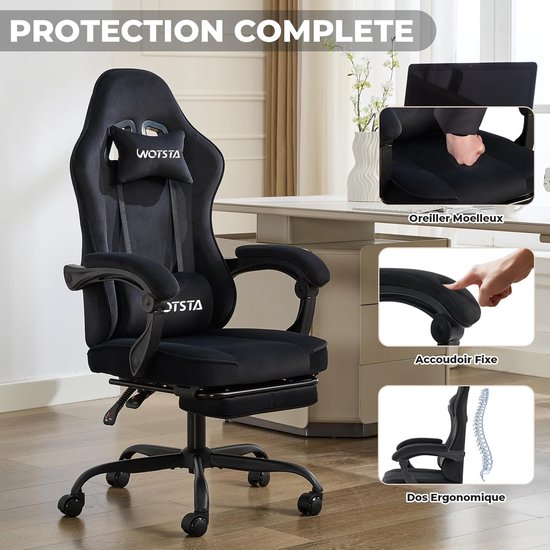 SnelShoppen - WOTSTA Gamingstoel met Voetensteun, Stof met Sponskussen, Ergonomische Bureaustoel voor Volwassenen en Kinderen, Draagvermogen 120 kg, C van snelshoppen — afbeelding 5