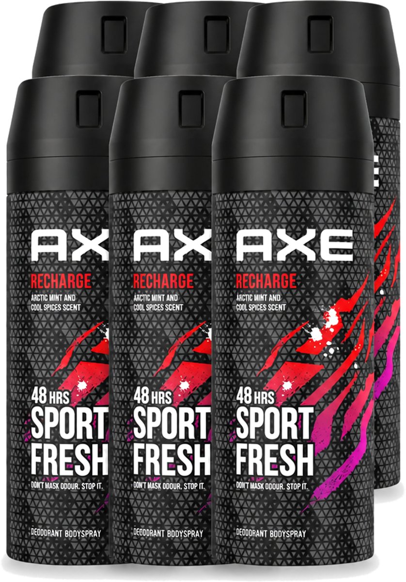 6 x Axe - Deodorant Bodyspray - 48hrs Sport Fresh - Recharge - Arctic Mint & Cool Spices - 150 ml - Voordeelverpakking - 6 stuks