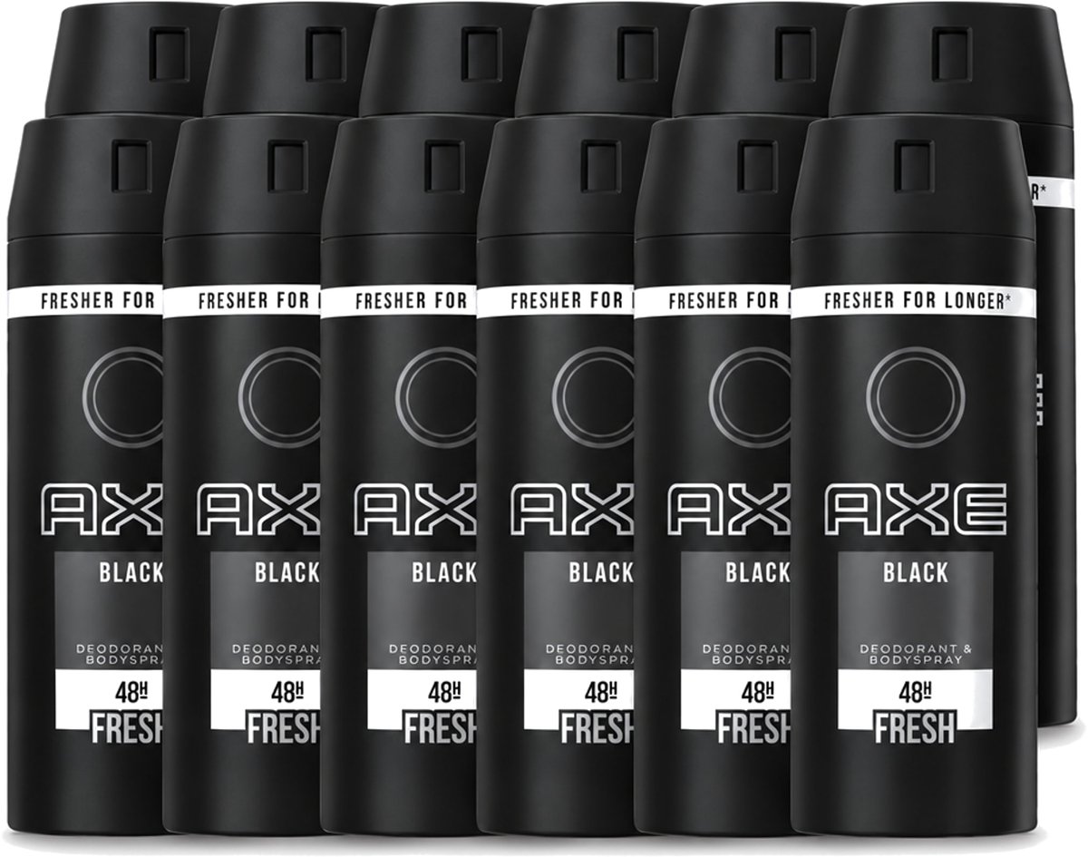 12 x Axe - Deodorant Bodyspray - 48hrs Fresh - Black - 150 ml - Voordeelverpakking - 12 stuks
