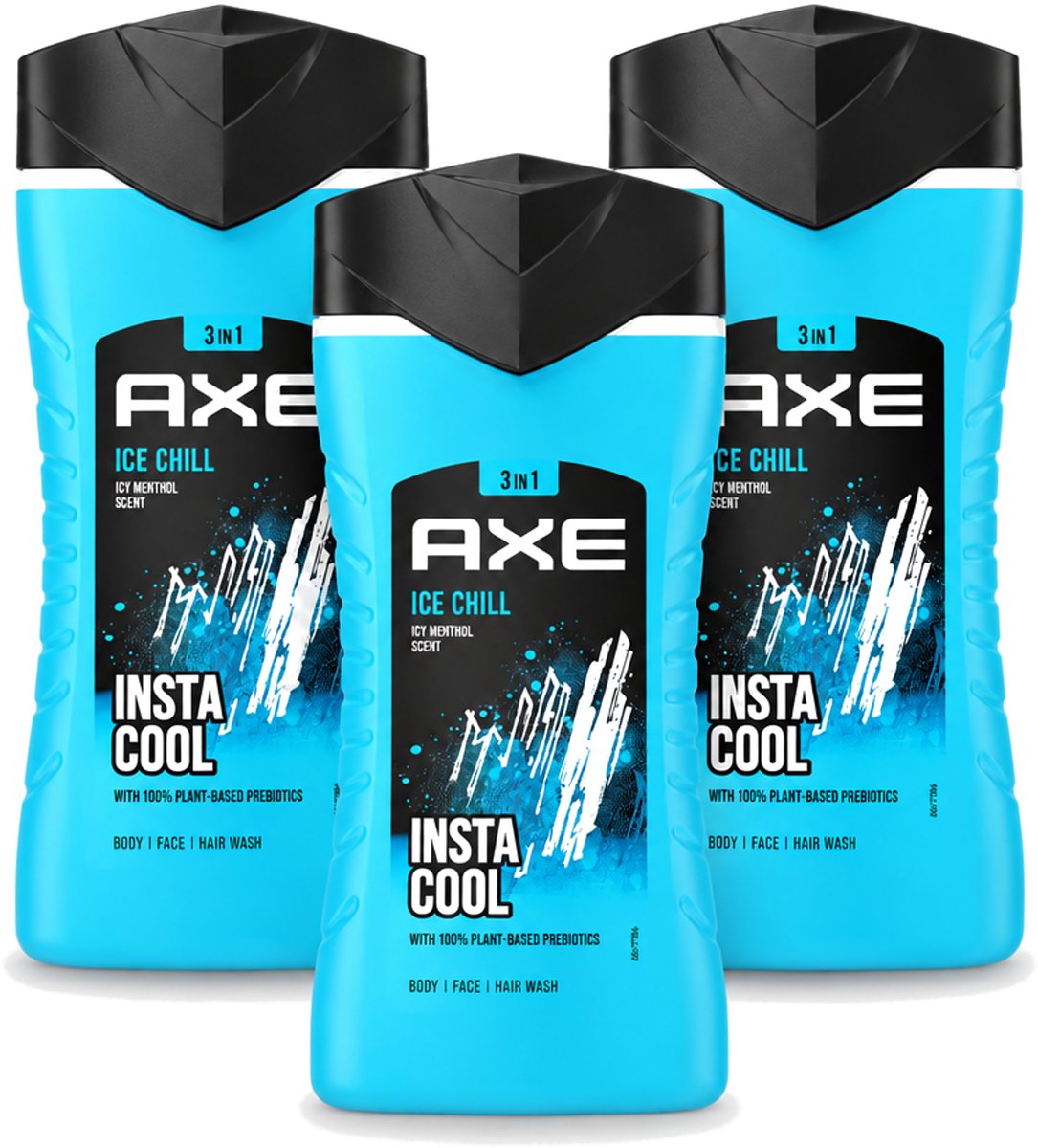 3 x Axe - 3-in-1 Douchegel - Ice Chill - Icy Menthol - Insta Cool - 100% Plantaardig - 150 ml - Voordeelverpakking - 3 stuks