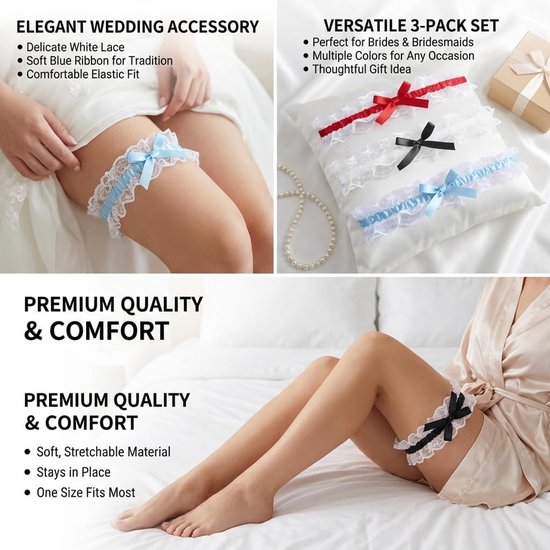 Bruidsjar - Set van 3 elastische kant garters - Blauw, rood en zwart - Perfect voor bruiloften - ShopVlot — afbeelding 4