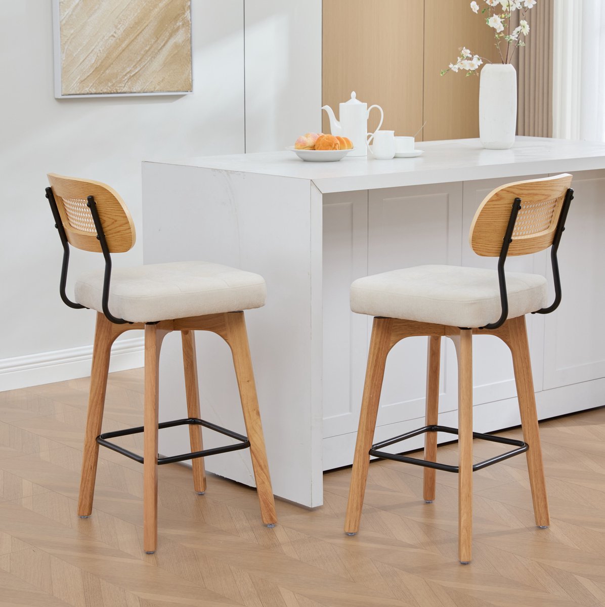 MIVRAY Barkruk Set van 2 - 360 Graden Draaibaar met Rugleuning - Voor Keuken en Ontbijtbar - Hout en Metaal - Chenille Beige