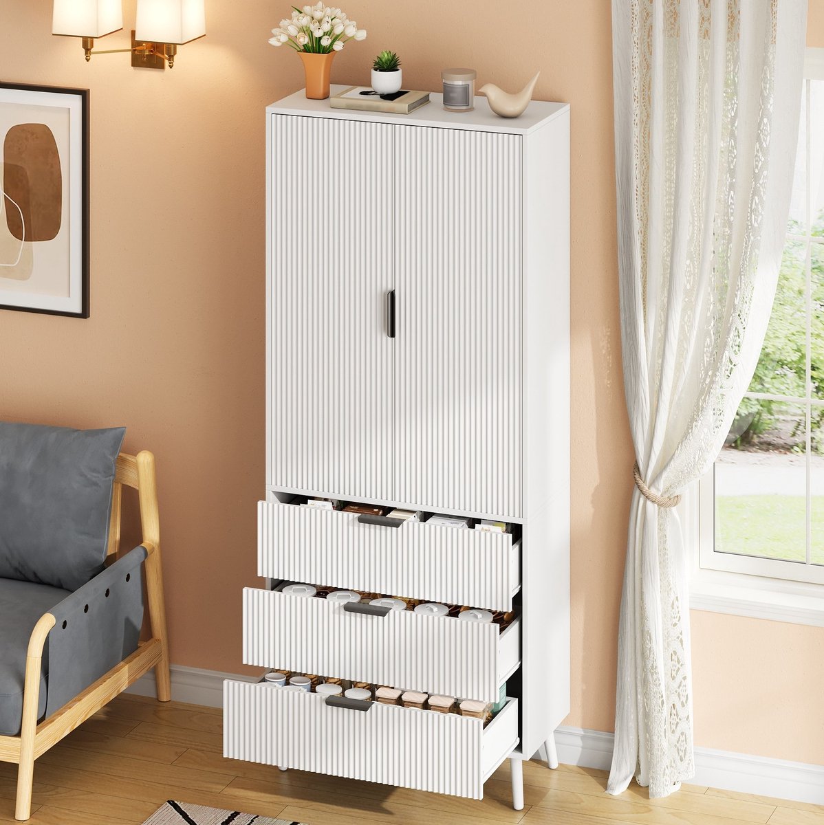 OKWISH Keukenkast - Hoge Opbergkast Met 2 Deuren En 3 Lades - Keuken, Woonkamer En Eetkamer - Wit MDF - 75 x 35 x 180 cm