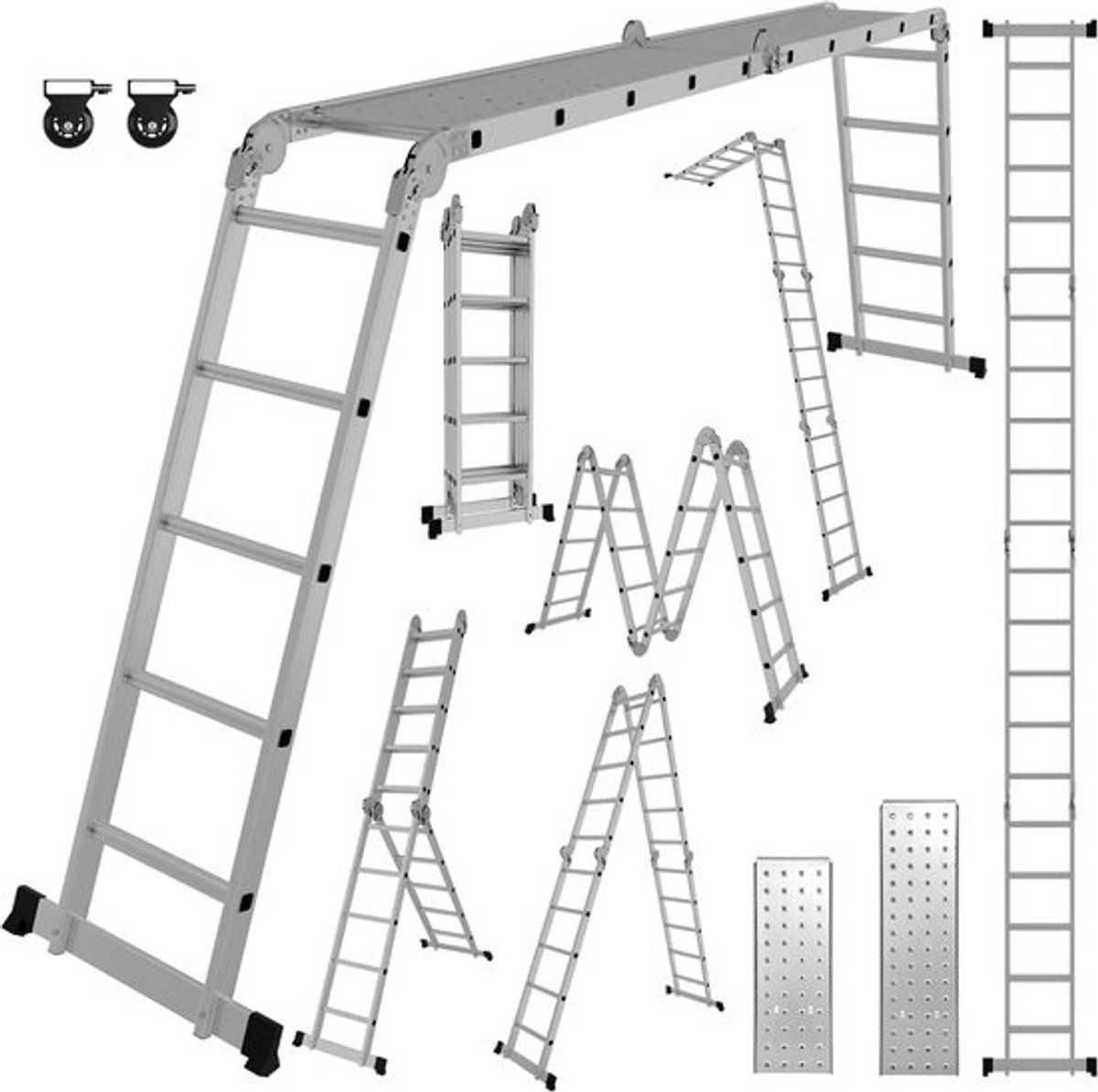 Multifunctionele ladder - Vouwladder met werkplatform - Veelzijdig voor klussen - 7-in-1-configuratie - 582 meter hoog - Zilver