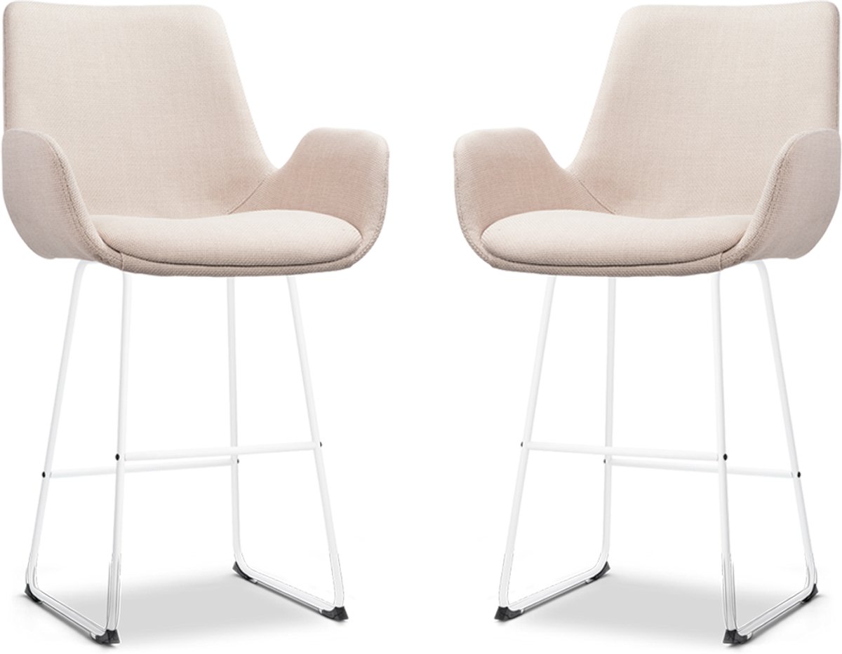 Nolon Nino-Eef Barkrukken Set van 2 Beige - met Armleuning - Wit Onderstel - 65 cm - Voor Kookeiland - Barkruk met Rugleuning - Lage Armleuning - Scandinavisch Beige - Wit onderstel