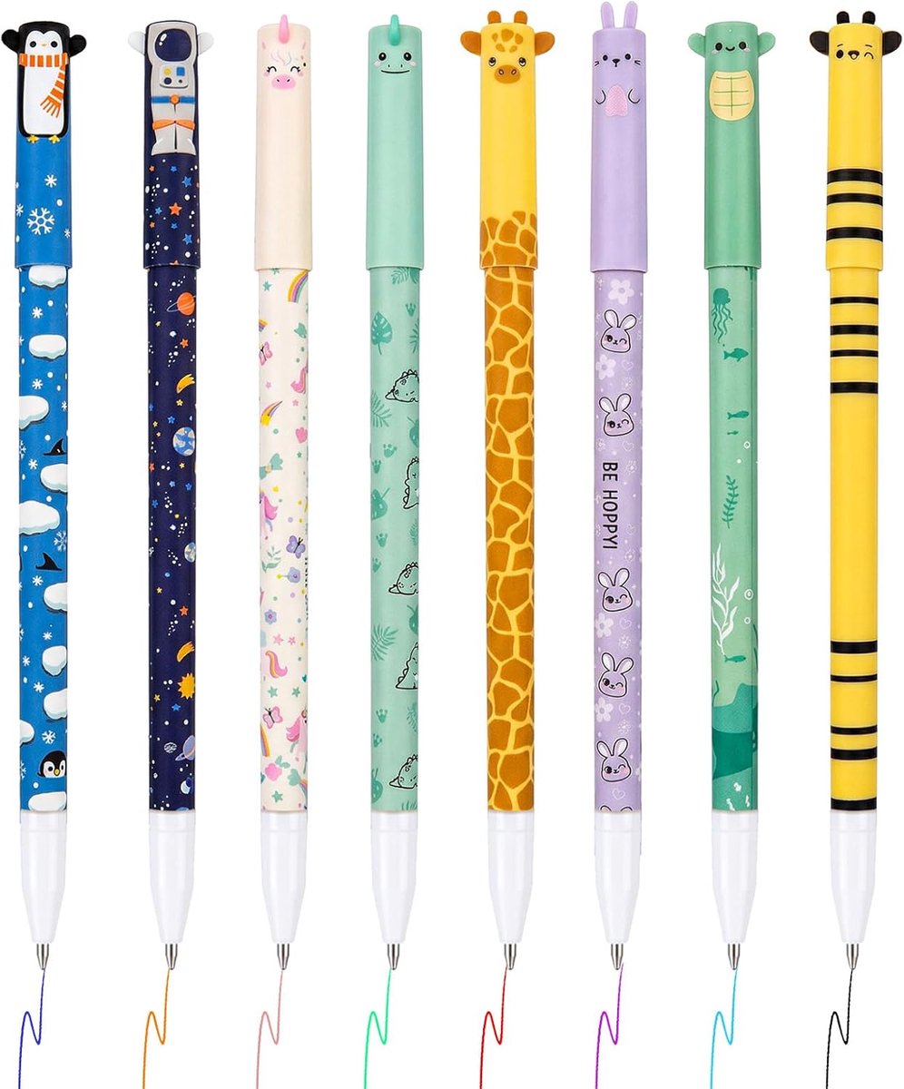 8 stuks kleurrijke uitwisbare balpennen met diermotieven, 0,5 mm, uitwisbare inkt, gum, pen voor school, kantoor en - ShopVlot