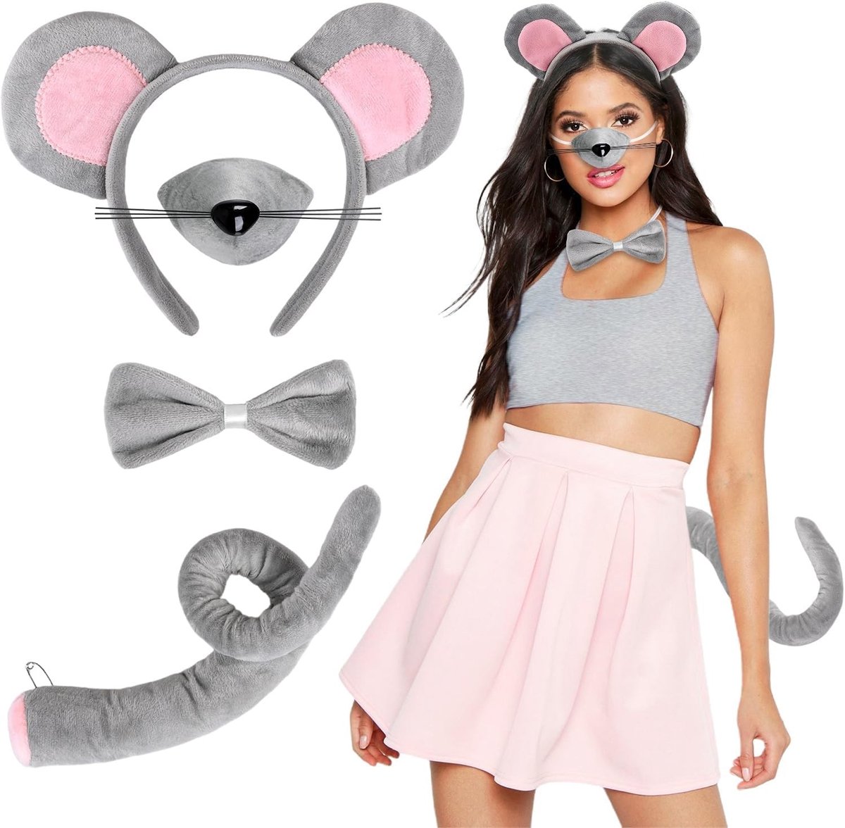 Halloween Muizenkostuum voor Dames met Oren, Neus, Staart en Strik - Perfect voor Carnaval en Feestjes