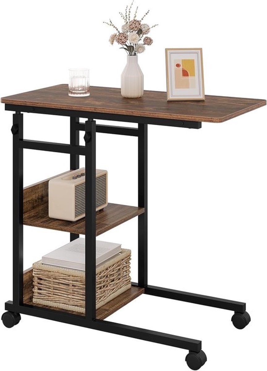 C-vormige in hoogte verstelbare bijzettafel - met wielen - vintage houtlook - zwart