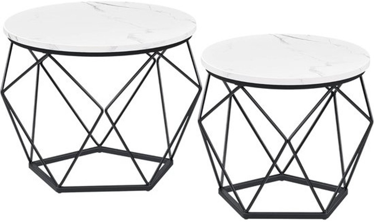 Ronde salontafelset - 2 stuks - Moderne woonkamertafel - Afneembaar blad - Bijzettafels - Voor woonkamer - Wit marmer - Zwart