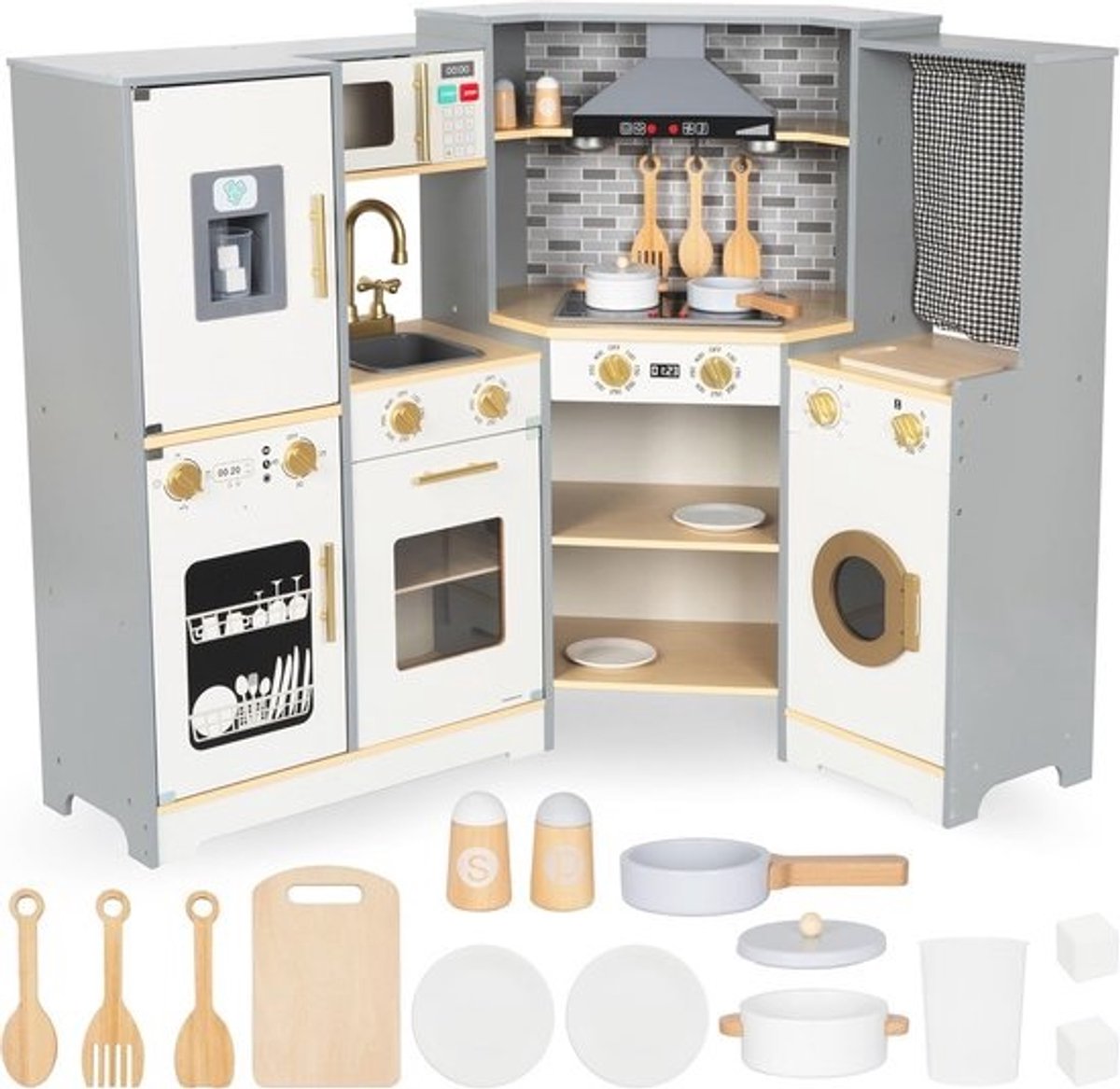 Interactieve Houten Kinderkeuken 3+ - Groot Fornuis met LED-verlichting en Keukenset inclusief Vaatwasser, Oven, en Afzuigkap