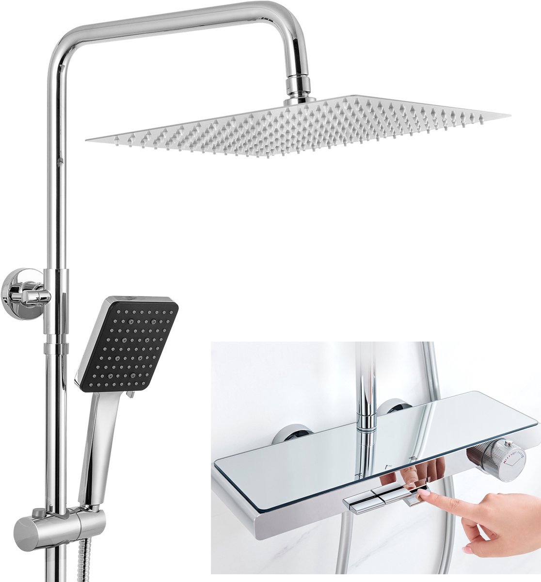 Sofetiy Max Regendouche met Thermostaatkraan XL Ø 30 cm Douchekop Thermostatische Met 3 Uitlaten Handdouche Met 6 standen Doucheset Met Planchet Hoogte Verstelbaar 89-126 cm Waterbesparend Chroom Zilver