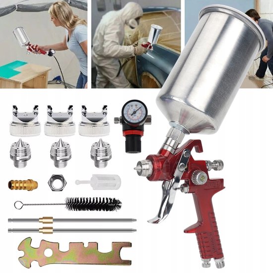 Verfspuitset inclusief rood spuitpistool, manometer, drie sproeiers, borstel en divers gereedschap.