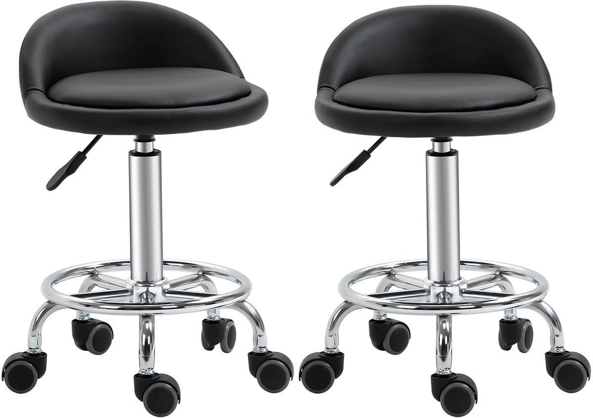 Salonkruk - in hoogte verstelbaar, 360° draaibaar, met rugleuning, op wielen, met voetsteun, tot 120 kg, zwart, voor salon en massageruimte
